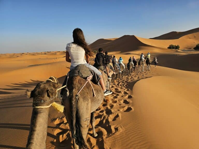 Group of travelers riding camels across the Sahara dunes at sunset